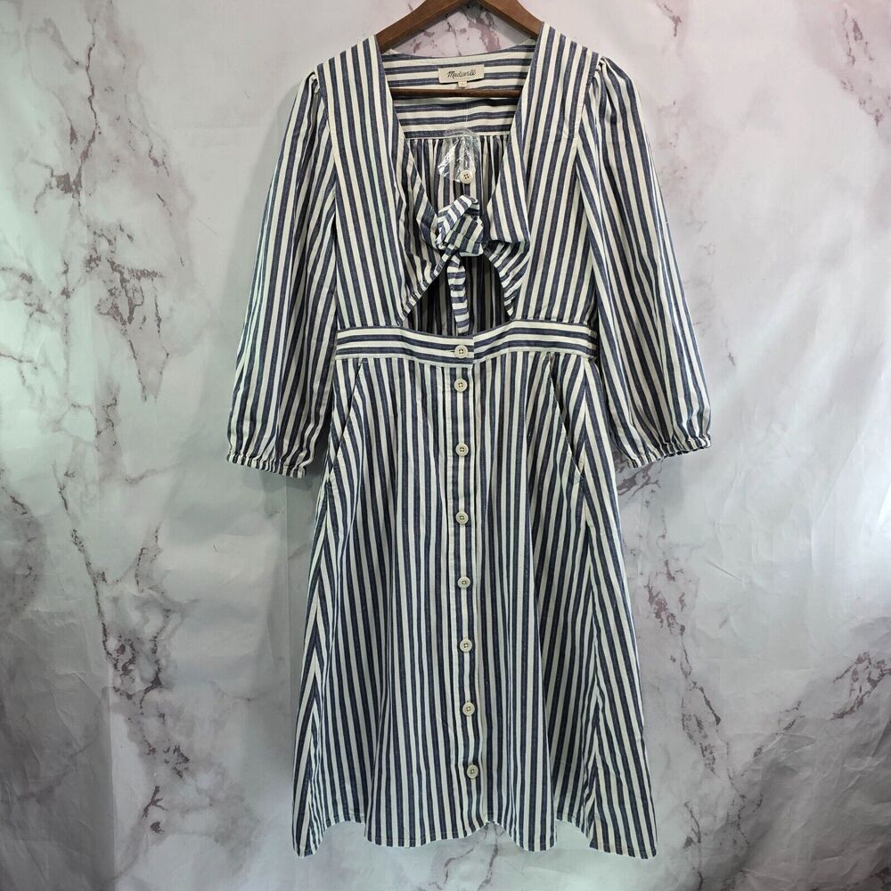 Madewell Dress Womens 8 Medium Blue White Striped Cut Out Midi Balloon Sleeve